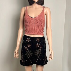 Free People Black Mini Skirt with Pink Floral Embroidery